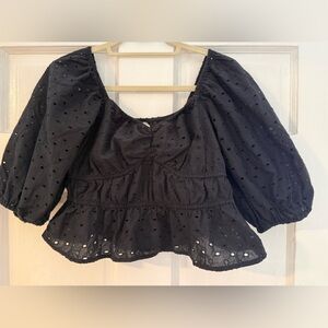 a new day Black Eyelet Peplum Blouse with Puff Sleeves